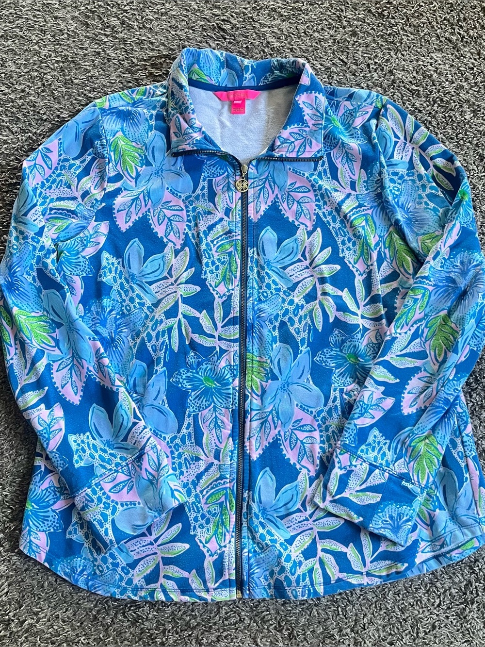 Lilly Pulitzer Leona Zip Jacket Sound The Sirens Size Large Blue Pink Floral